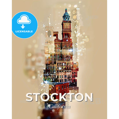 Stockton Skyline Sparkle Double Exposure Poster - A building with a tower and a blue roof - Square format print template