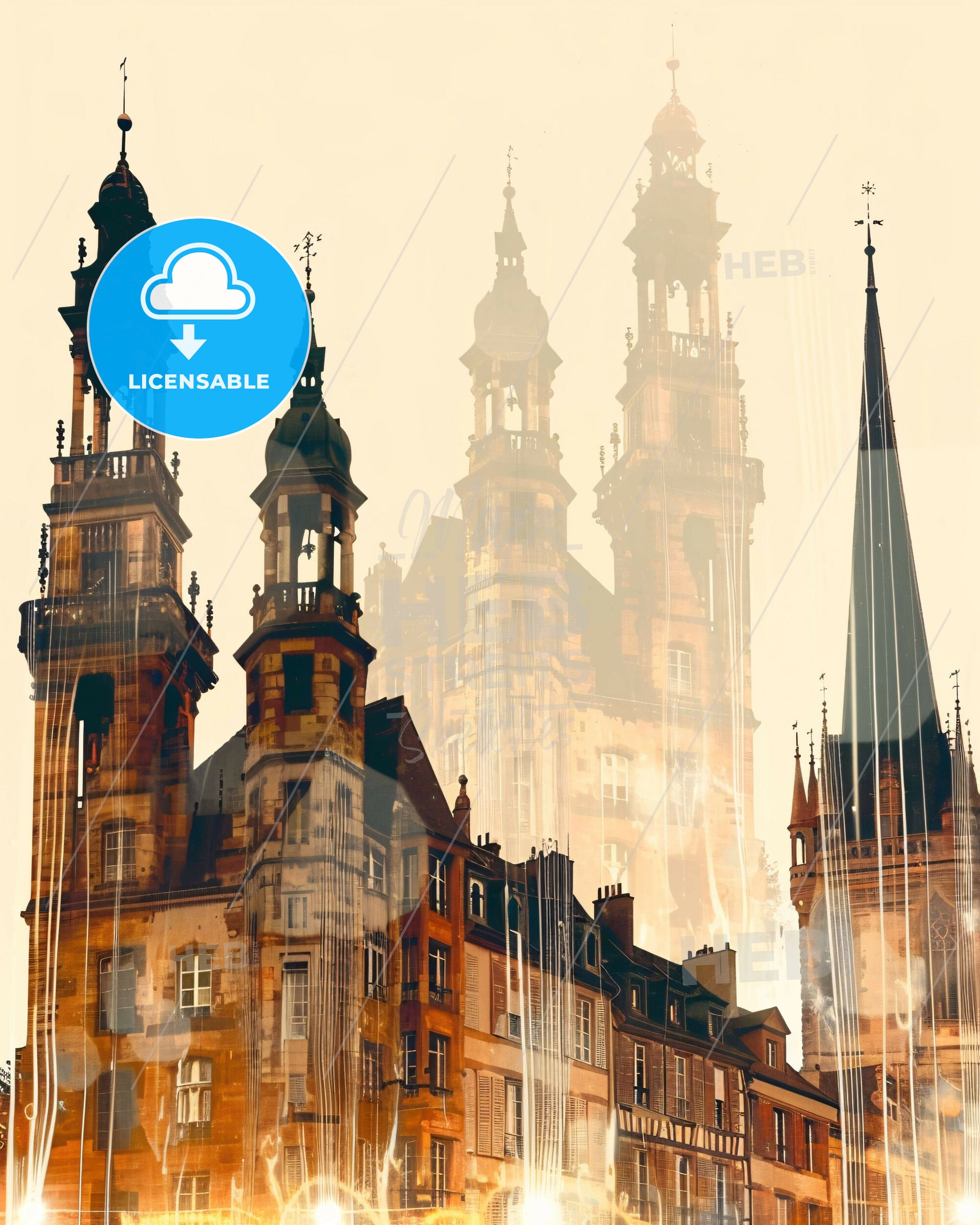 Strasbourg Skyline Silhouette Poster Art Bright Beige - A building with towers and spires