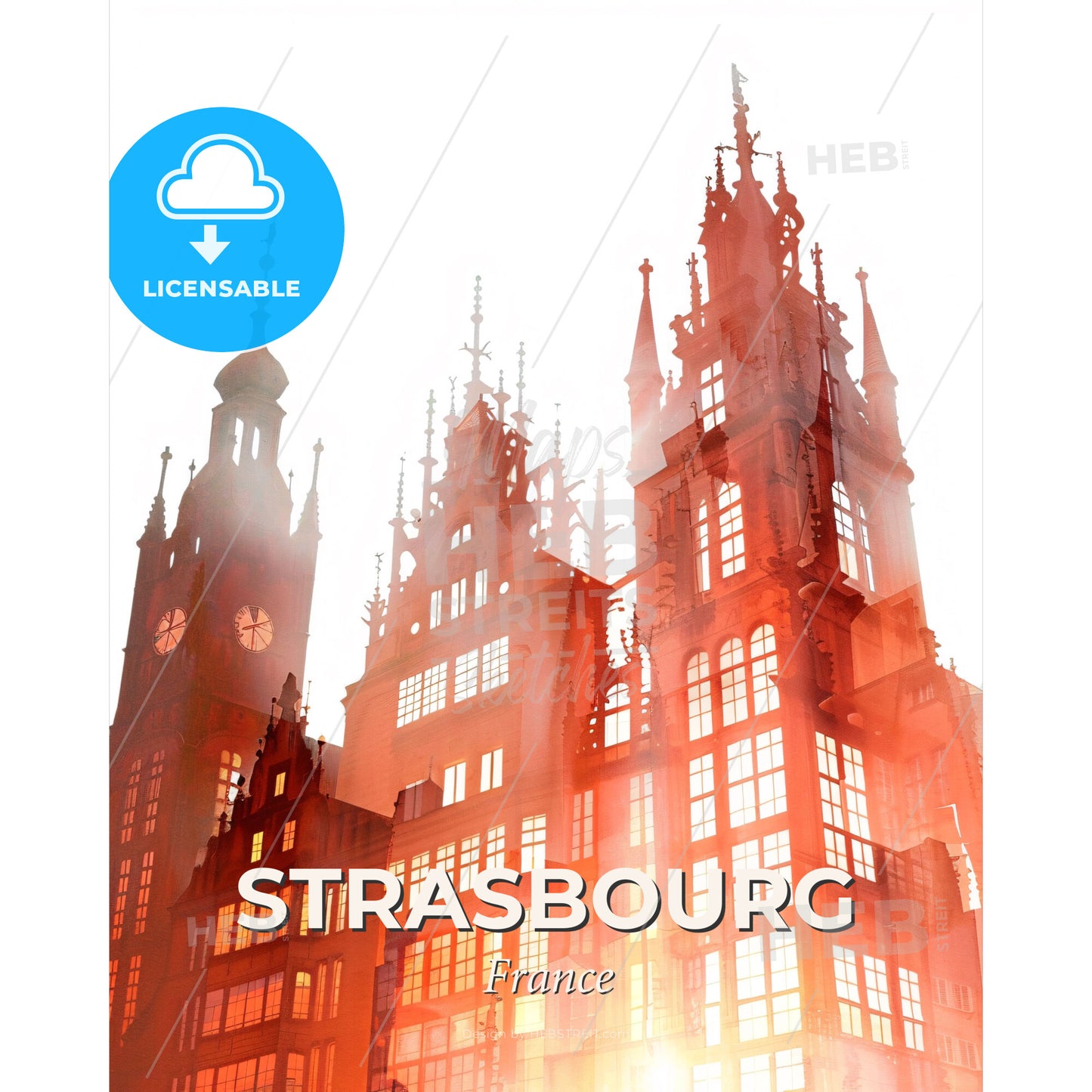 Strasbourg Skyline Composite Art Deco Poster - A building with a clock tower - Square format print template