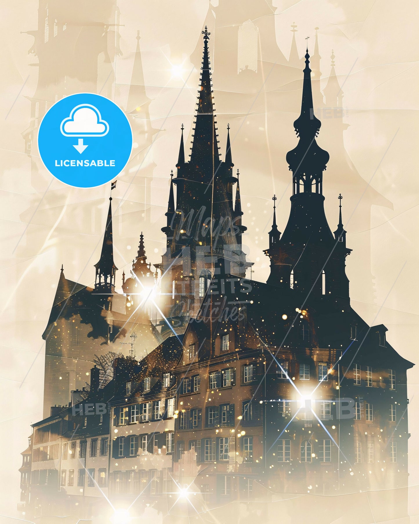 Strasbourg: Skyline Double Exposure Art Poster - A building with towers and spires