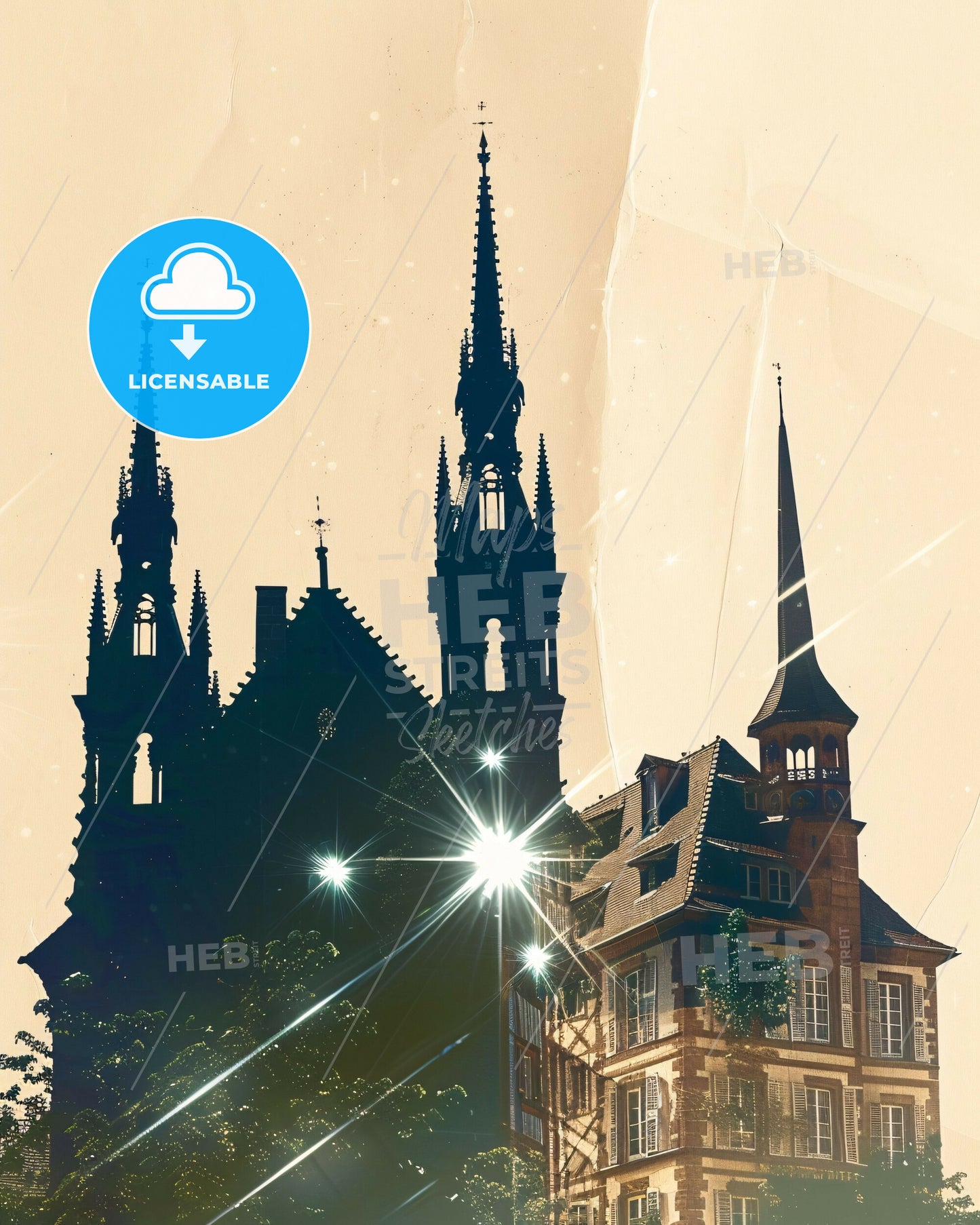 Strasbourg Cityscape Skyline Beige Art Nouveau Poster - A building with a spire