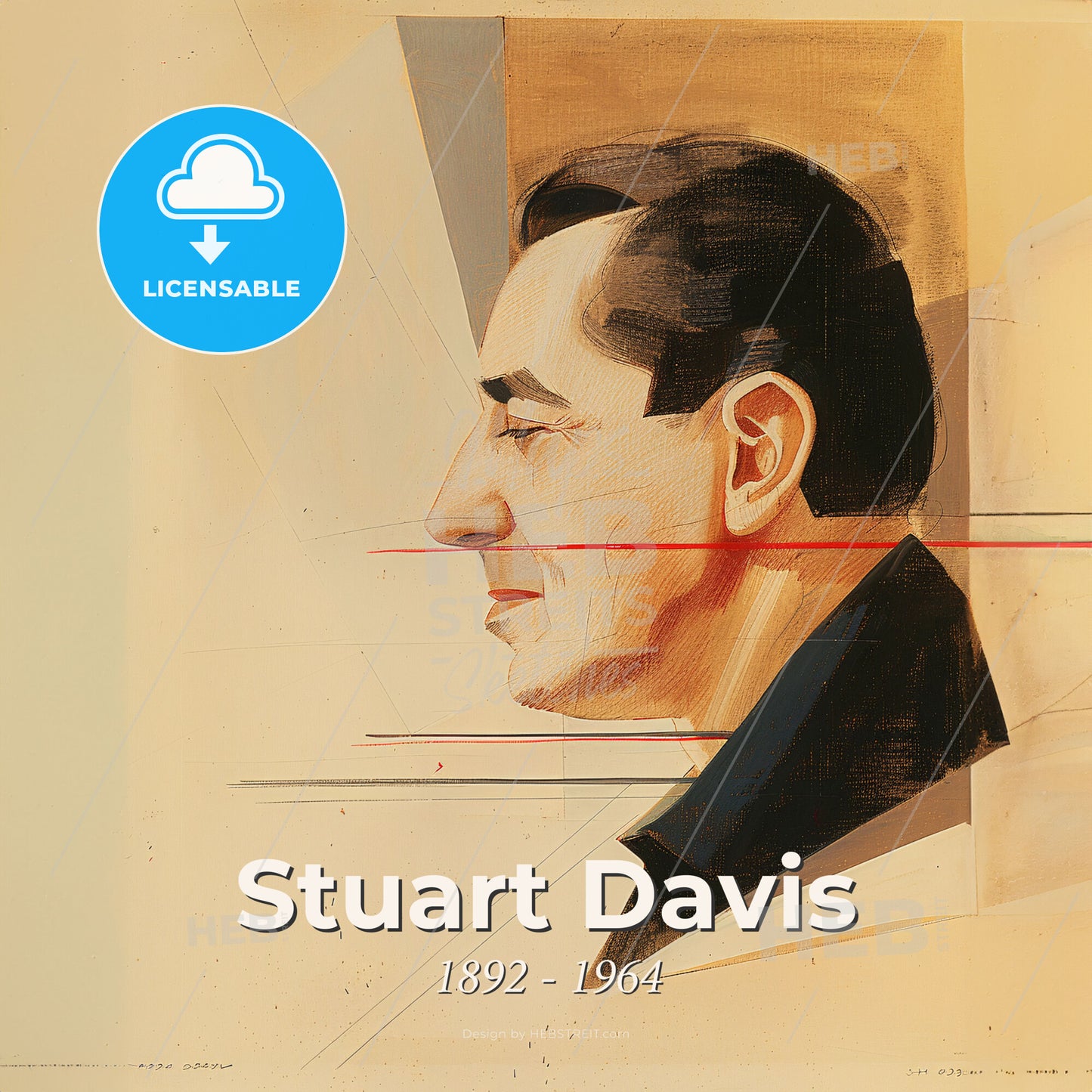 Stuart Davis, 1892 - 1964, American modernist painter - A Man's Face With A Red Line Print Template