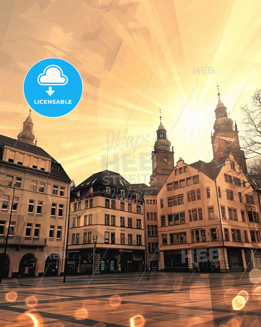 Stuttgart Skyline Poster: Icon Silhouette Composite Art - A sun shining through buildings