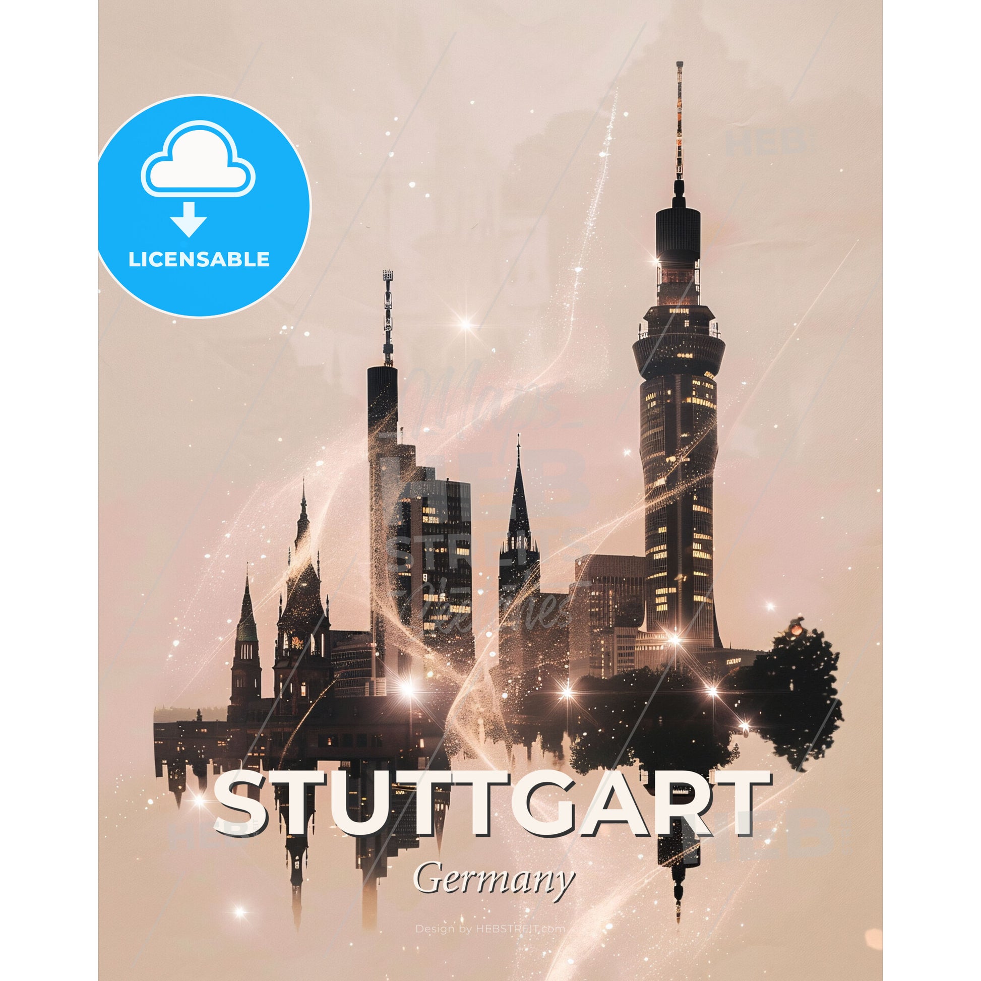 Stuttgart Skyline Bright Beige Double Exposure Composite - A city skyline with lights and stars - Square format print template
