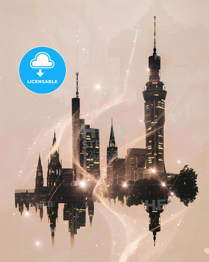 Stuttgart Skyline Bright Beige Double Exposure Composite - A city skyline with lights and stars