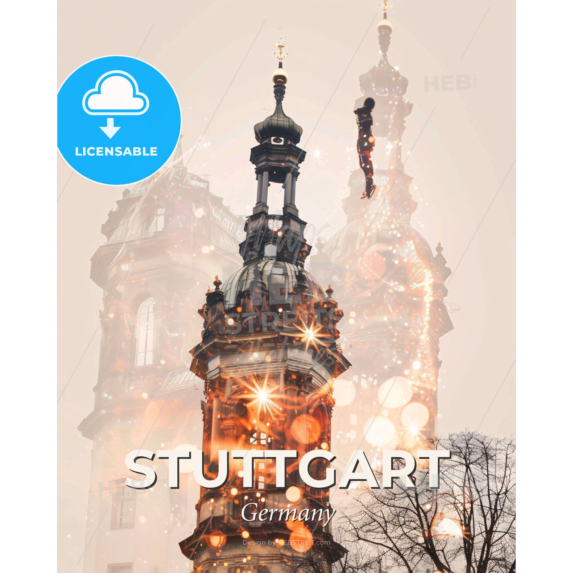 Stuttgart Skyline Poster: Timeless City Charm - A person jumping off a tower - Square format print template