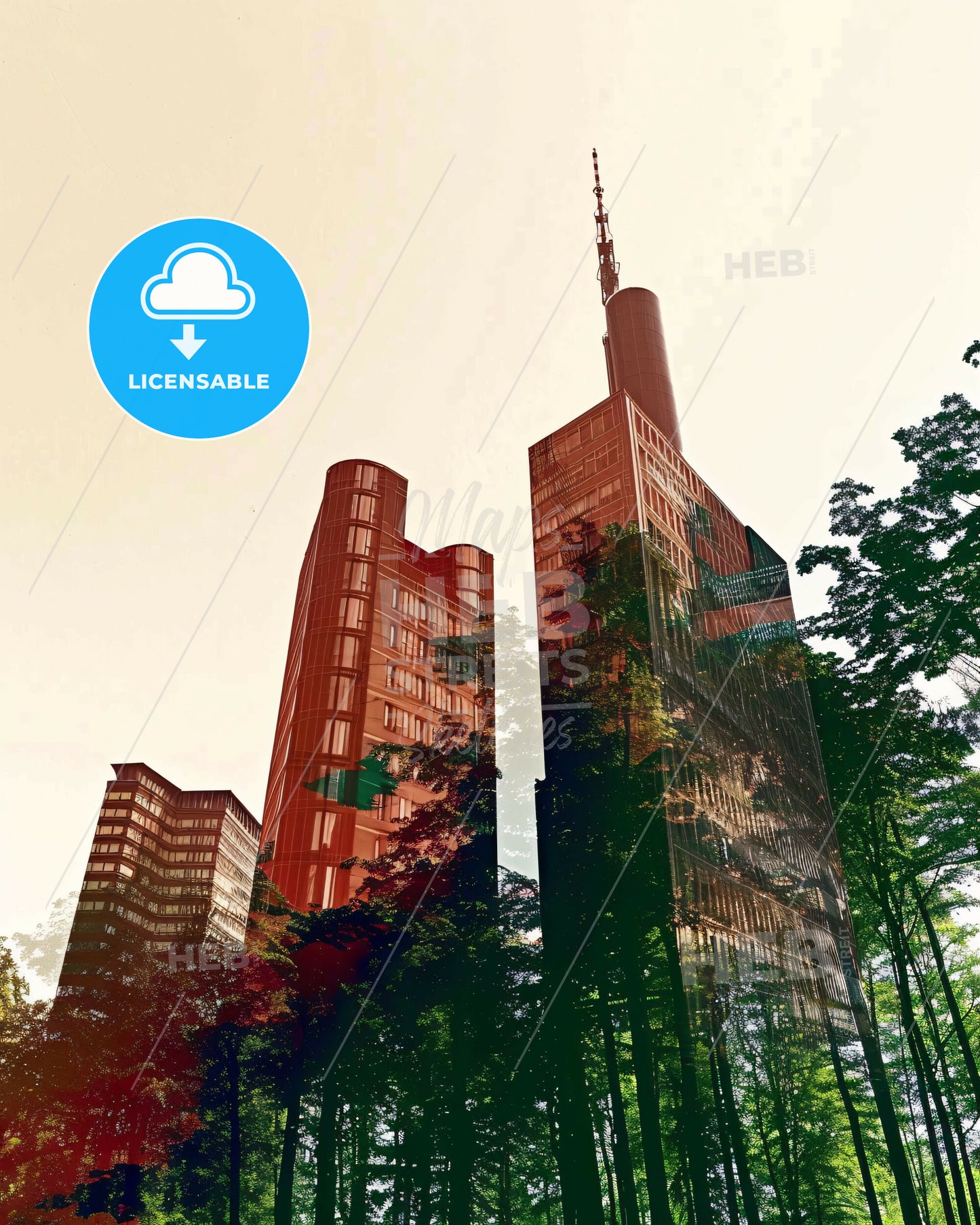 Stuttgart Skyline Double Exposure Poster Art - A tall buildings with trees