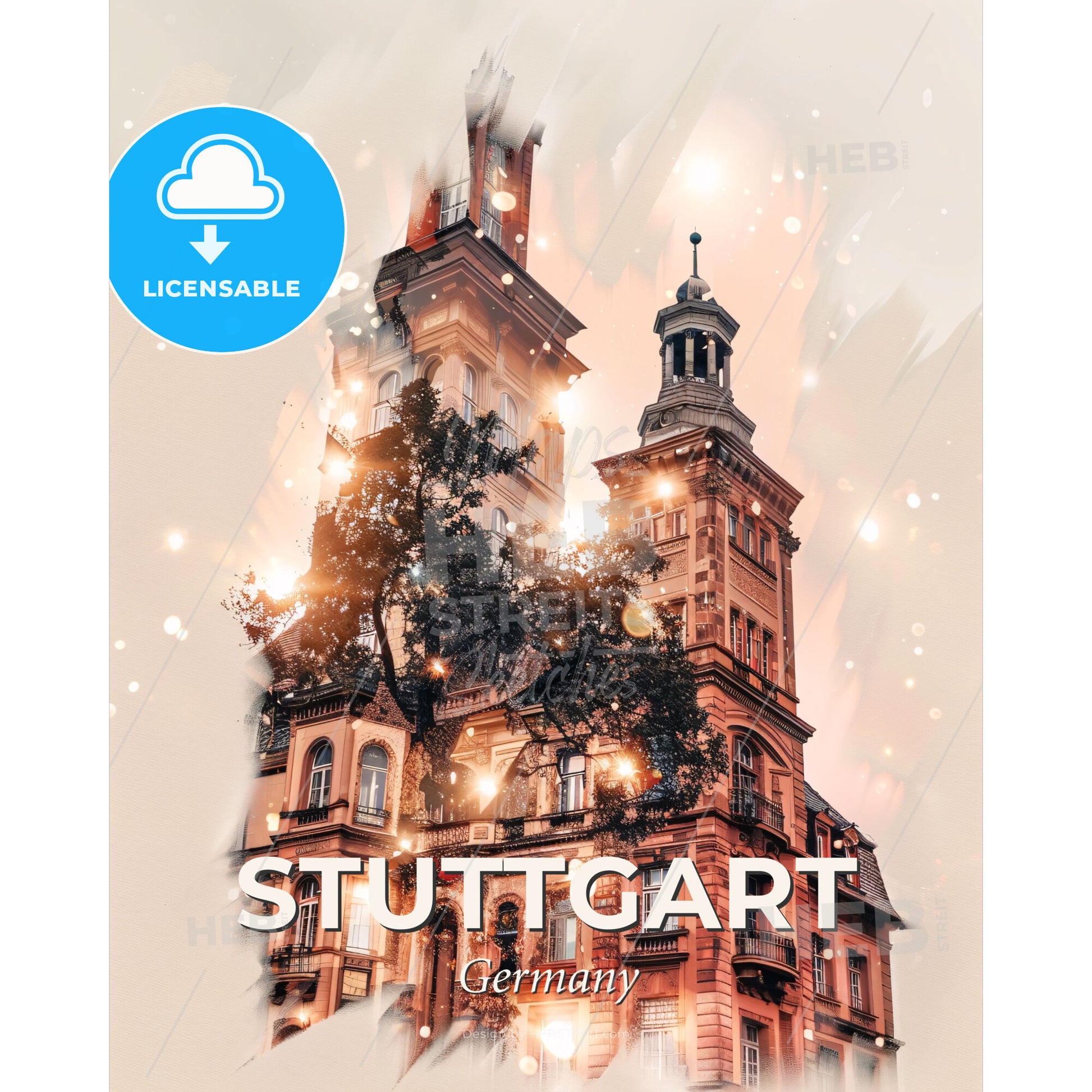 Stuttgart City Skyline Art: Local Colors, Bright Paper - A building with a tree in front of it - Square format print template