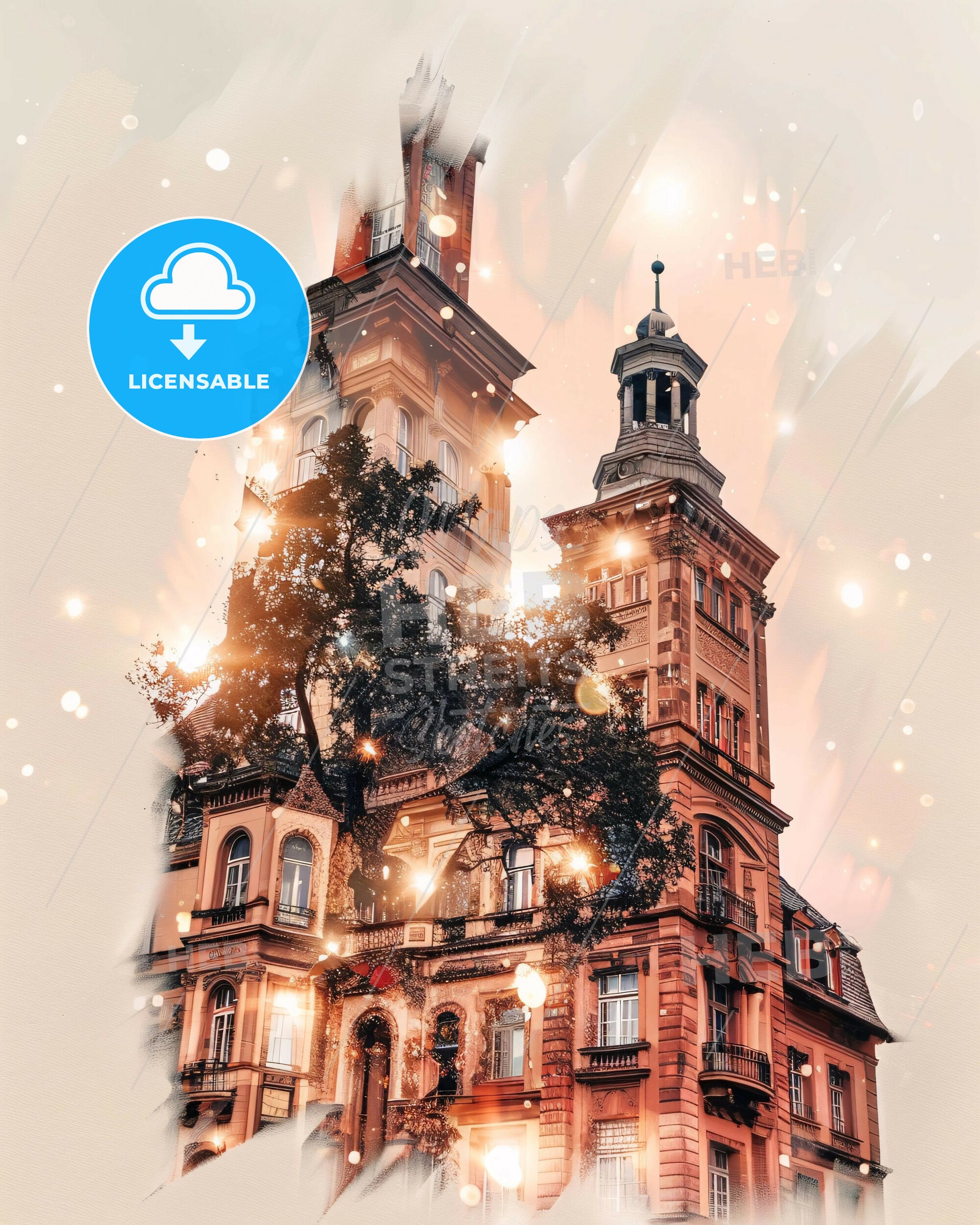 Stuttgart City Skyline Art: Local Colors, Bright Paper - A building with a tree in front of it