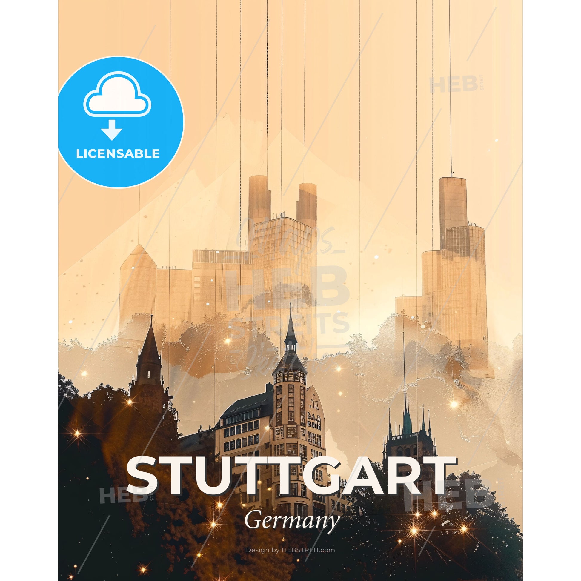 Stuttgart Skyline Composite Art Deco - A cityscape with tall buildings - Square format print template