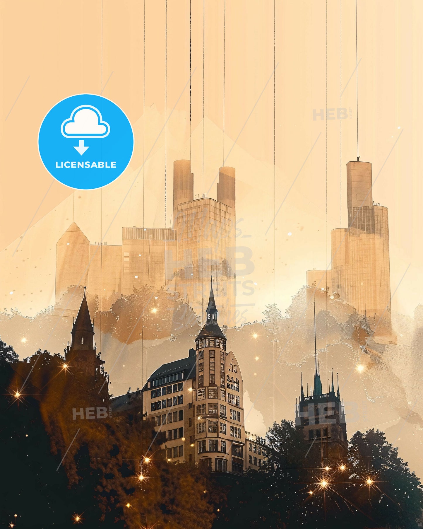 Stuttgart Skyline Composite Art Deco - A cityscape with tall buildings