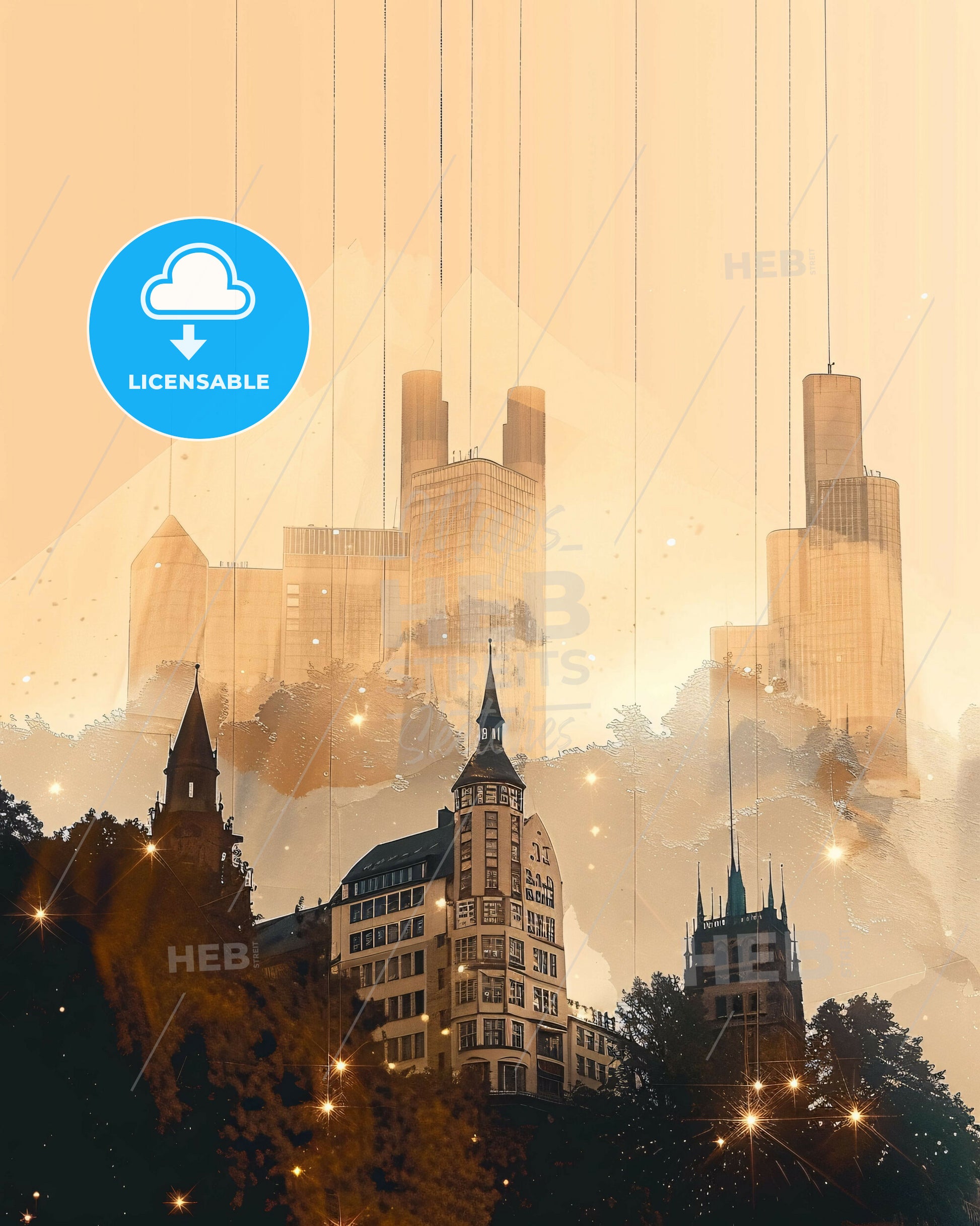 Stuttgart Skyline Composite Art Deco - A cityscape with tall buildings