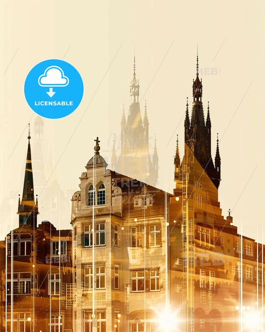 Stuttgart Skyline Double Exposure Poster Art - A building with towers and spires