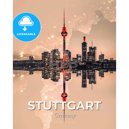 Stuttgart City Skyline Art Deco - A reflection of a city in a body of water - Square format print template