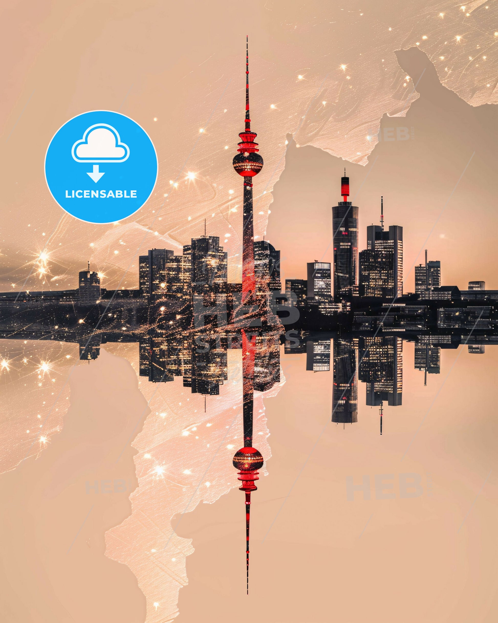 Stuttgart City Skyline Art Deco - A reflection of a city in a body of water