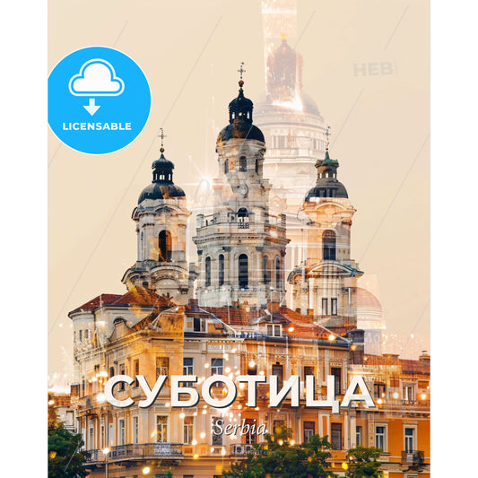 Subotica City Icons Skyline Poster - A building with a dome and a building with a tower - Square format print template