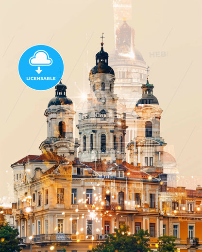 Subotica City Icons Skyline Poster - A building with a dome and a building with a tower