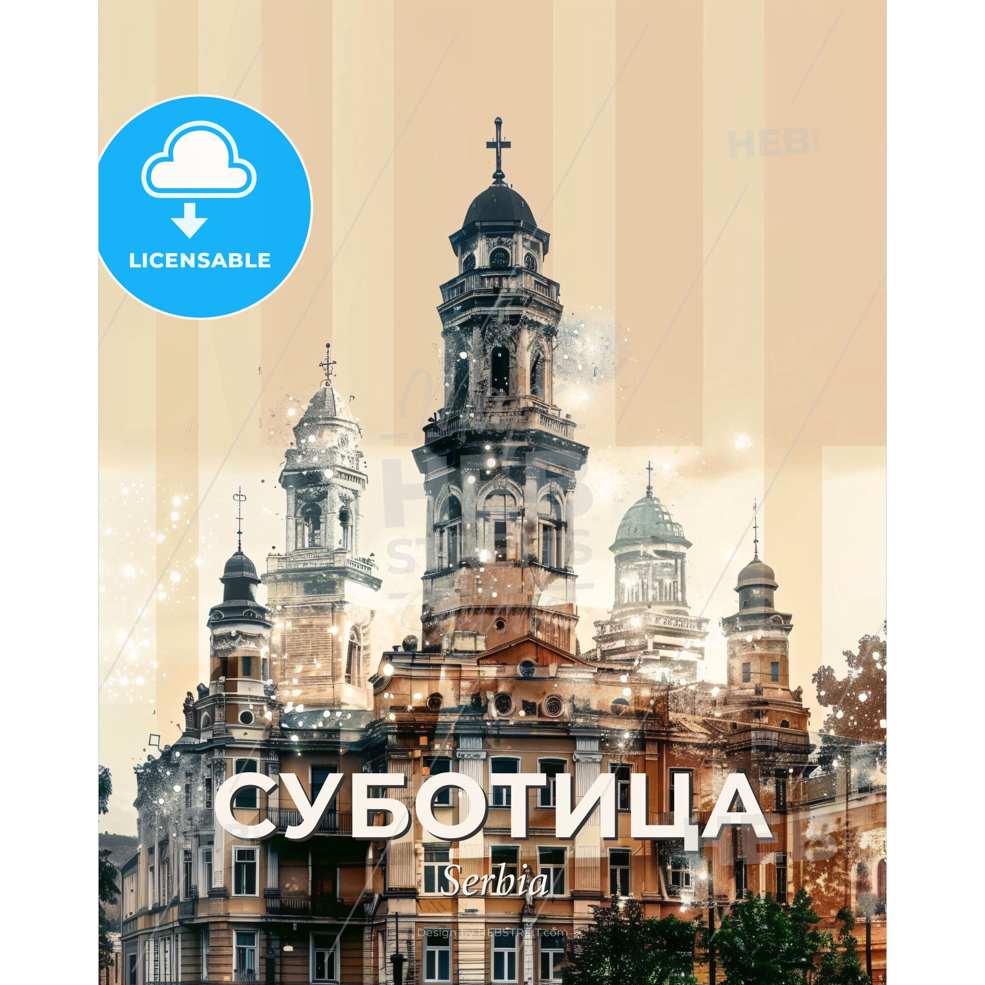 Subotica City Skylines Double Exposure Poster - A building with a tower - Square format print template