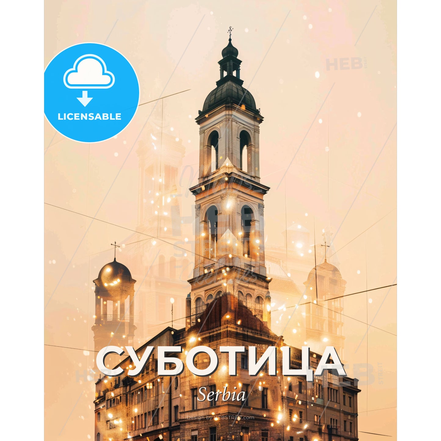 Subotica Skyline Silhouette Double Exposure Art - A building with a tower and lights - Square format print template