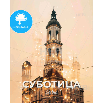 Subotica Skyline Silhouette Double Exposure Art - A building with a tower and lights - Square format print template