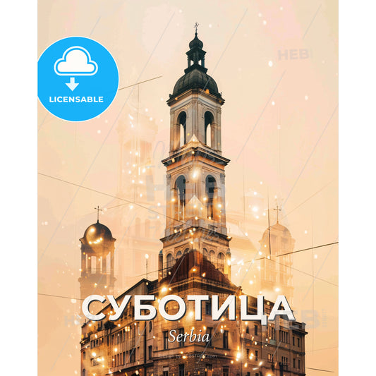 Subotica Skyline Silhouette Double Exposure Art - A building with a tower and lights - Square format print template