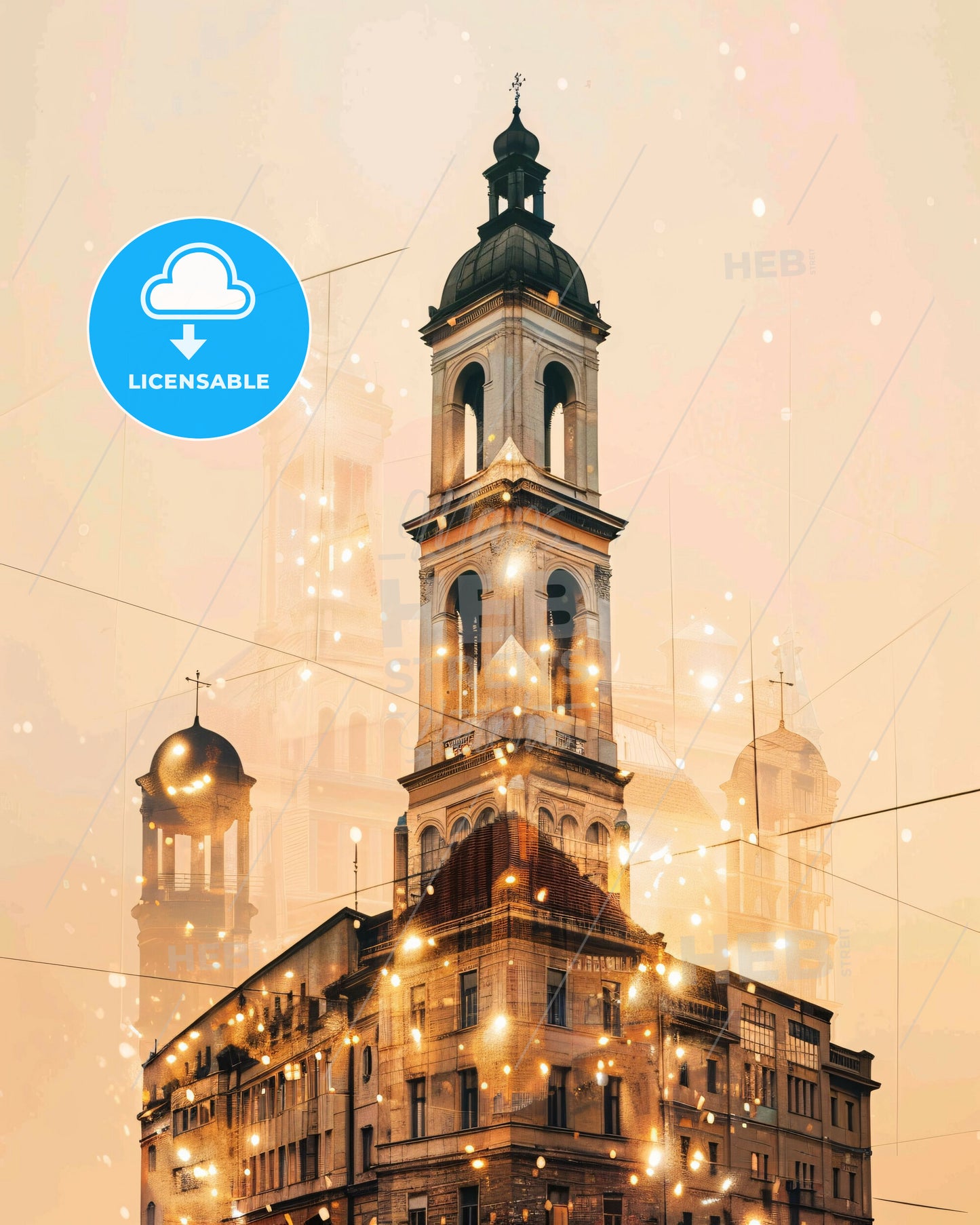 Subotica Skyline Silhouette Double Exposure Art - A building with a tower and lights