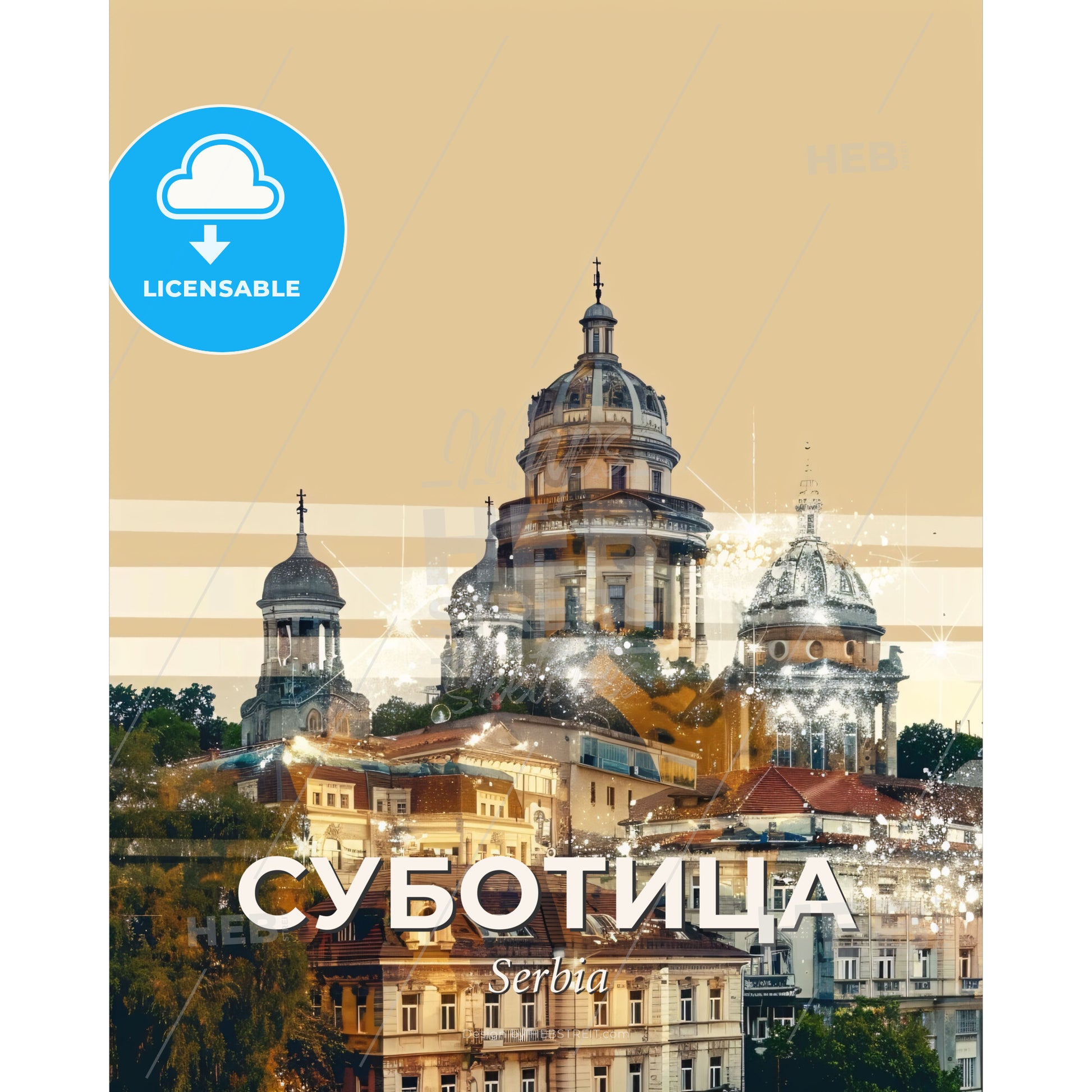 Subotica Serbia: City Skyline in Double Exposure - A city with many buildings - Square format print template