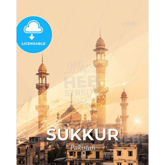Sukkur Skyline Poster: Architectural Icons With Sparkle - A city with towers and towers - Square format print template