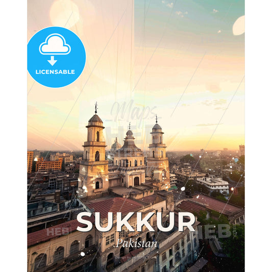 Sukkur Skyline Panoramic Art Deco Beige - A large building with towers and a city in the background - Square format print template