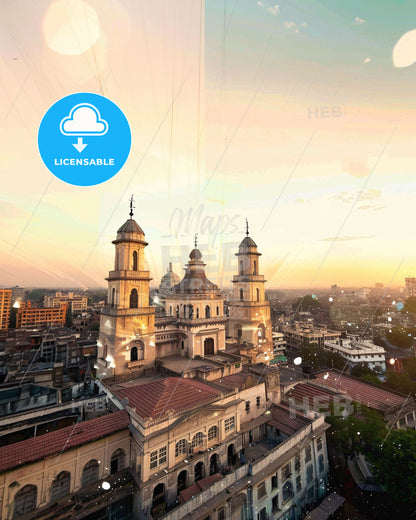 Sukkur Skyline Panoramic Art Deco Beige - A large building with towers and a city in the background
