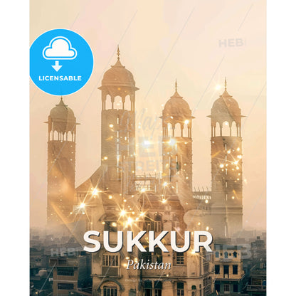 Sukkur Skyline Art: City Icons in Vibrant Hues - A building with towers and a city in the background - Square format print template