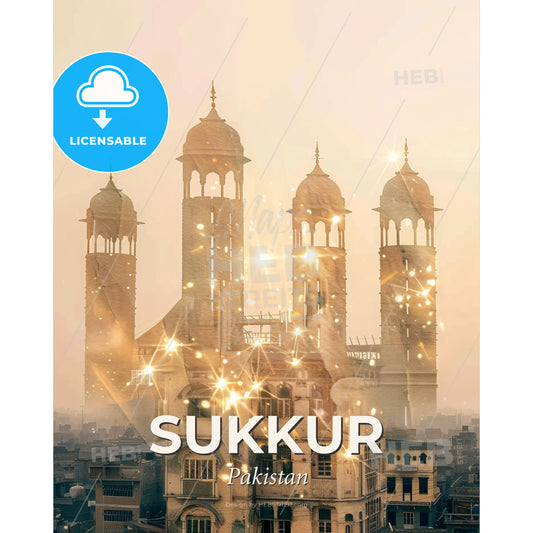 Sukkur Skyline Art: City Icons in Vibrant Hues - A building with towers and a city in the background - Square format print template