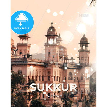 Sukkur Skyline Art: City Icons on Beige - A large building with towers and trees - Square format print template