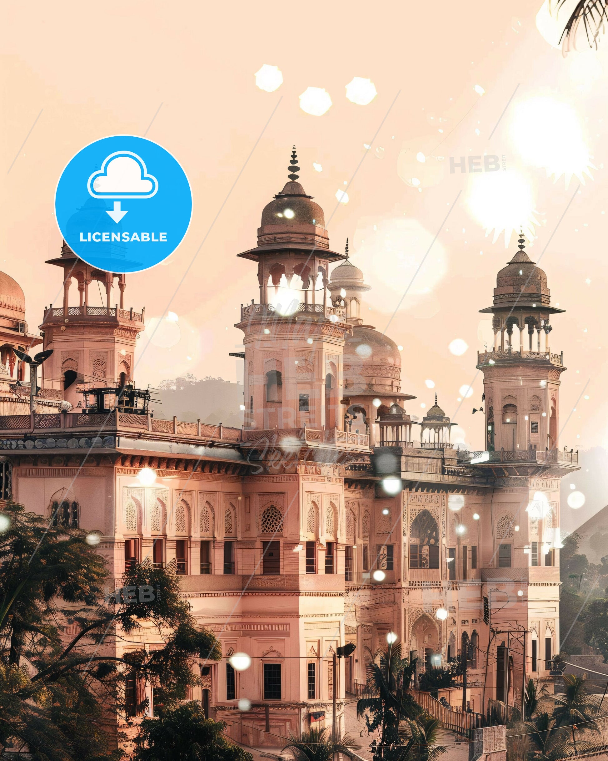 Sukkur Skyline Art: City Icons on Beige - A large building with towers and trees