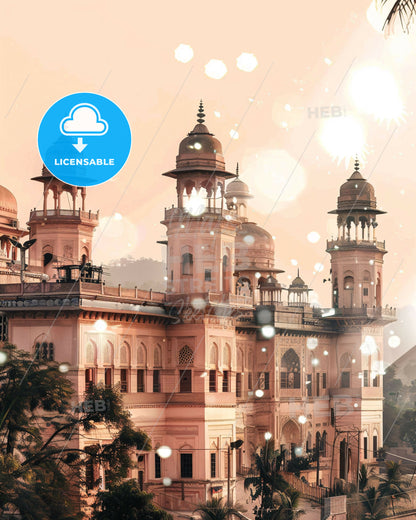 Sukkur Skyline Art: City Icons on Beige - A large building with towers and trees