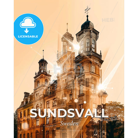 Sundsvall Skyline Double Exposure Composite Poster - A building with many windows - Square format print template