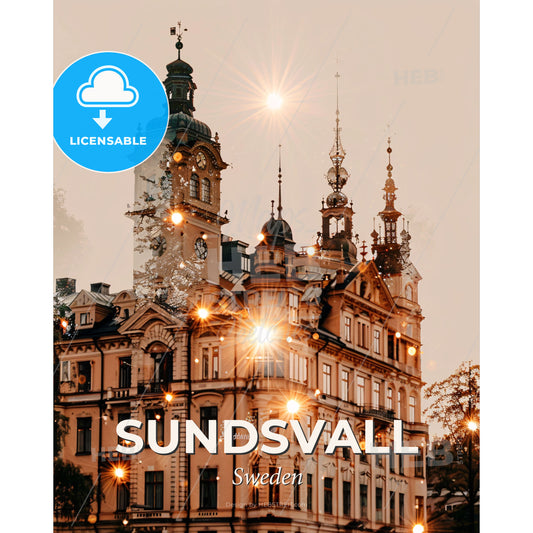 Sundsvall Skyline Double Exposure Composite Artwork - A building with a clock tower and lights - Square format print template