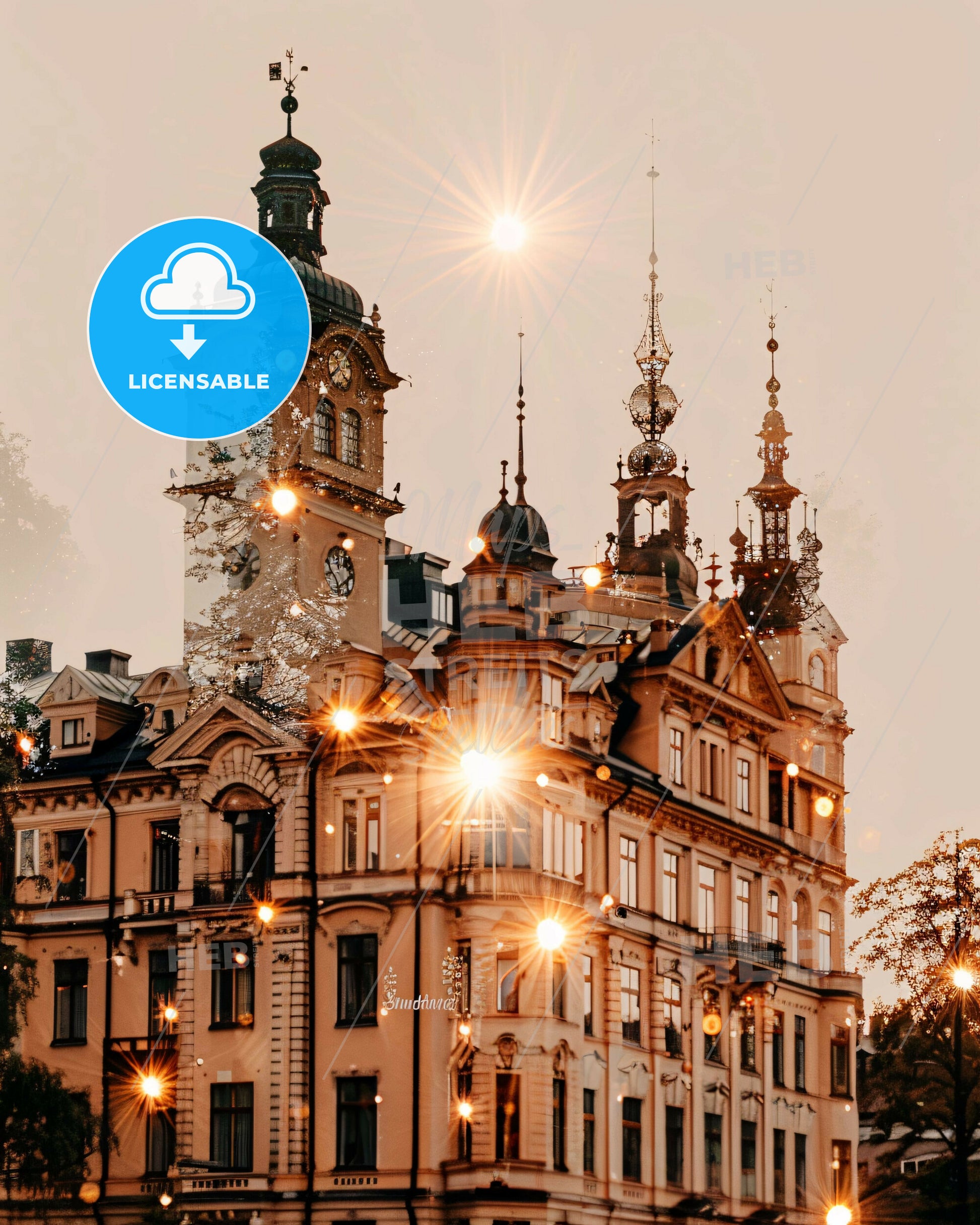 Sundsvall Skyline Double Exposure Composite Artwork - A building with a clock tower and lights