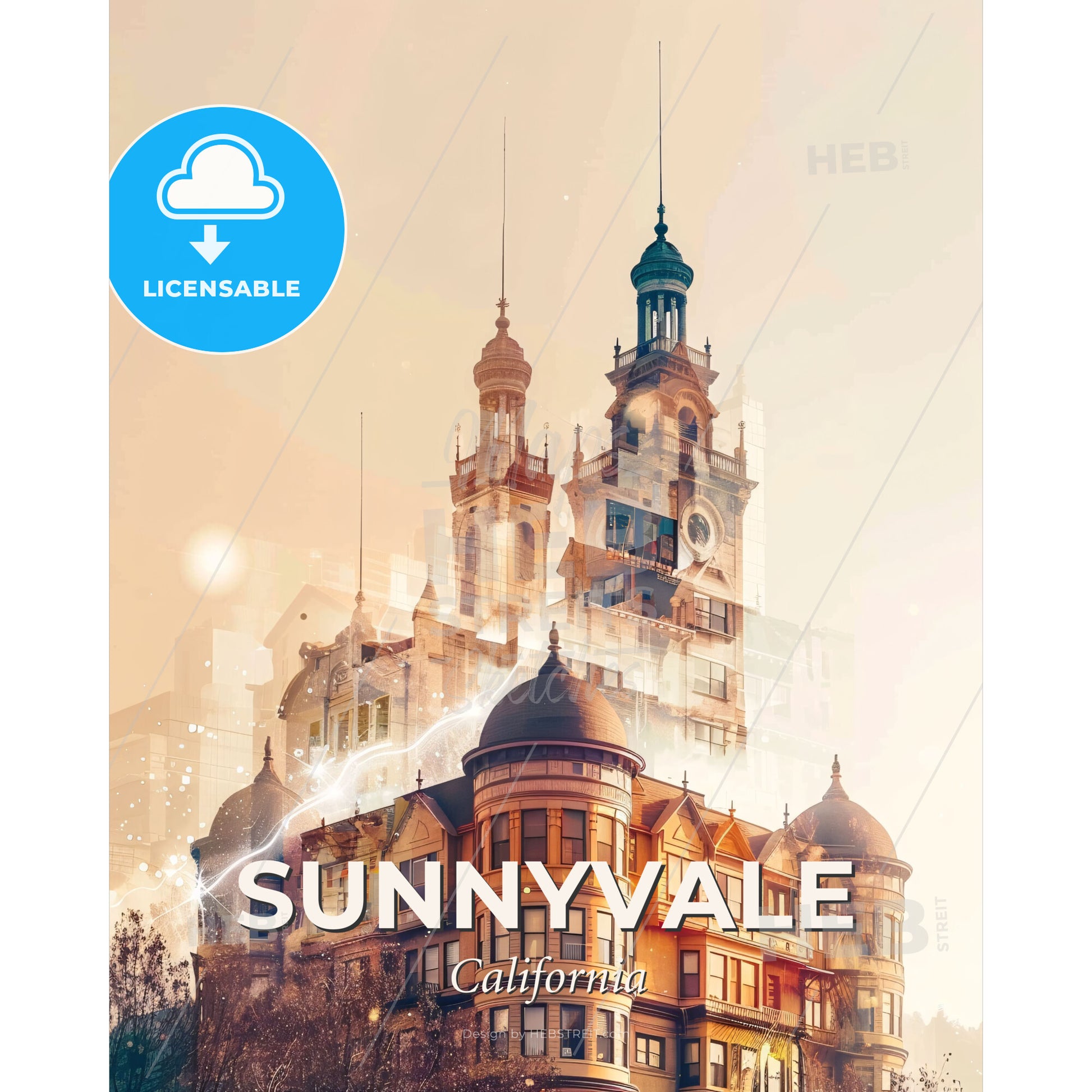 Sunnyvale Skyline Panorama Beige Paper Artwork - A building with a clock tower - Square format print template