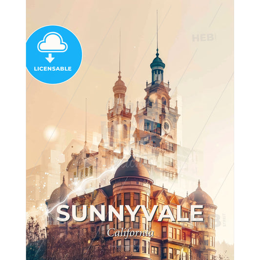 Sunnyvale Skyline Panorama Beige Paper Artwork - A building with a clock tower - Square format print template