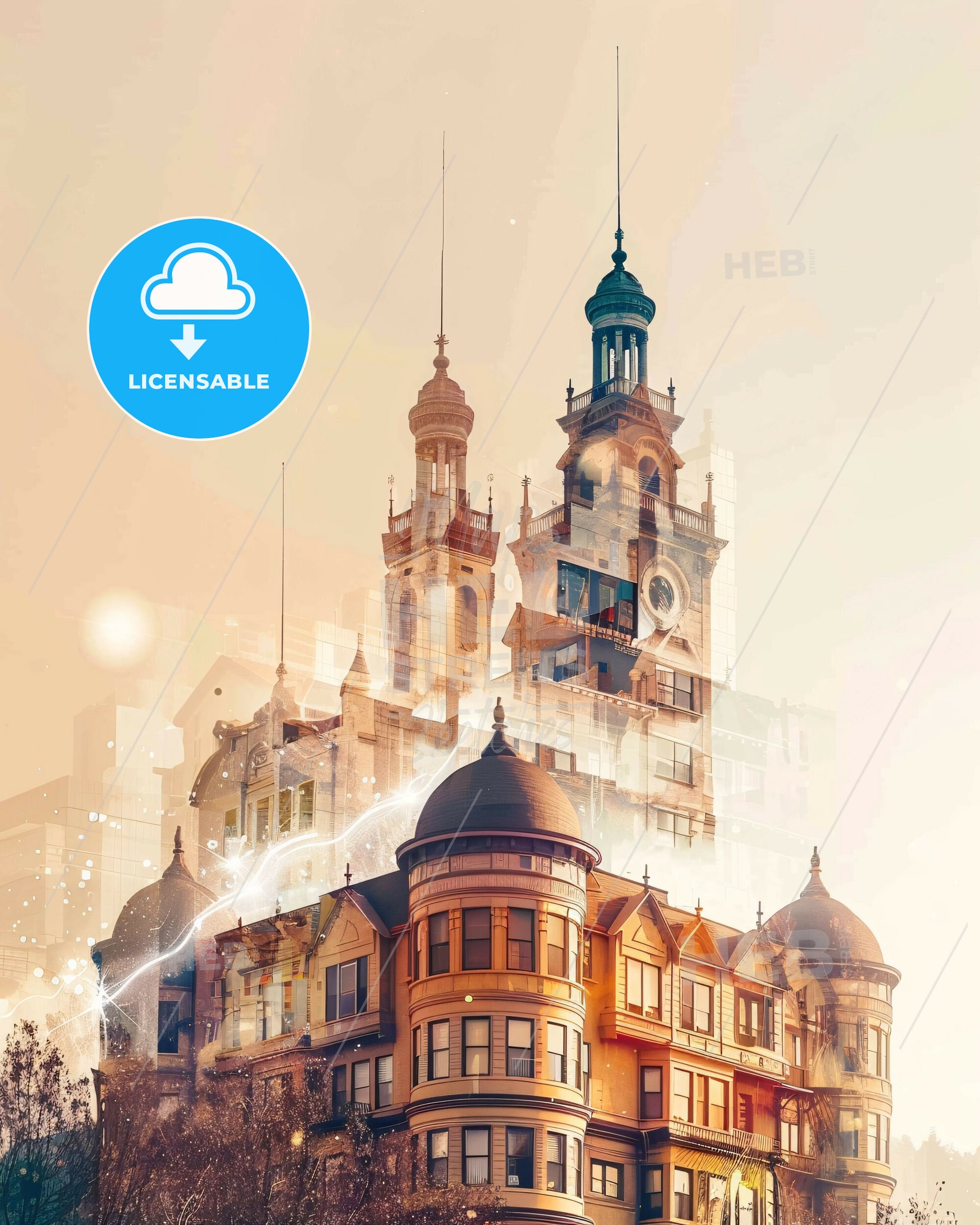 Sunnyvale Skyline Panorama Beige Paper Artwork - A building with a clock tower