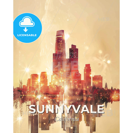 Sunnyvale Skyline Double Exposure City Art - A city skyline with lights reflecting on water - Square format print template