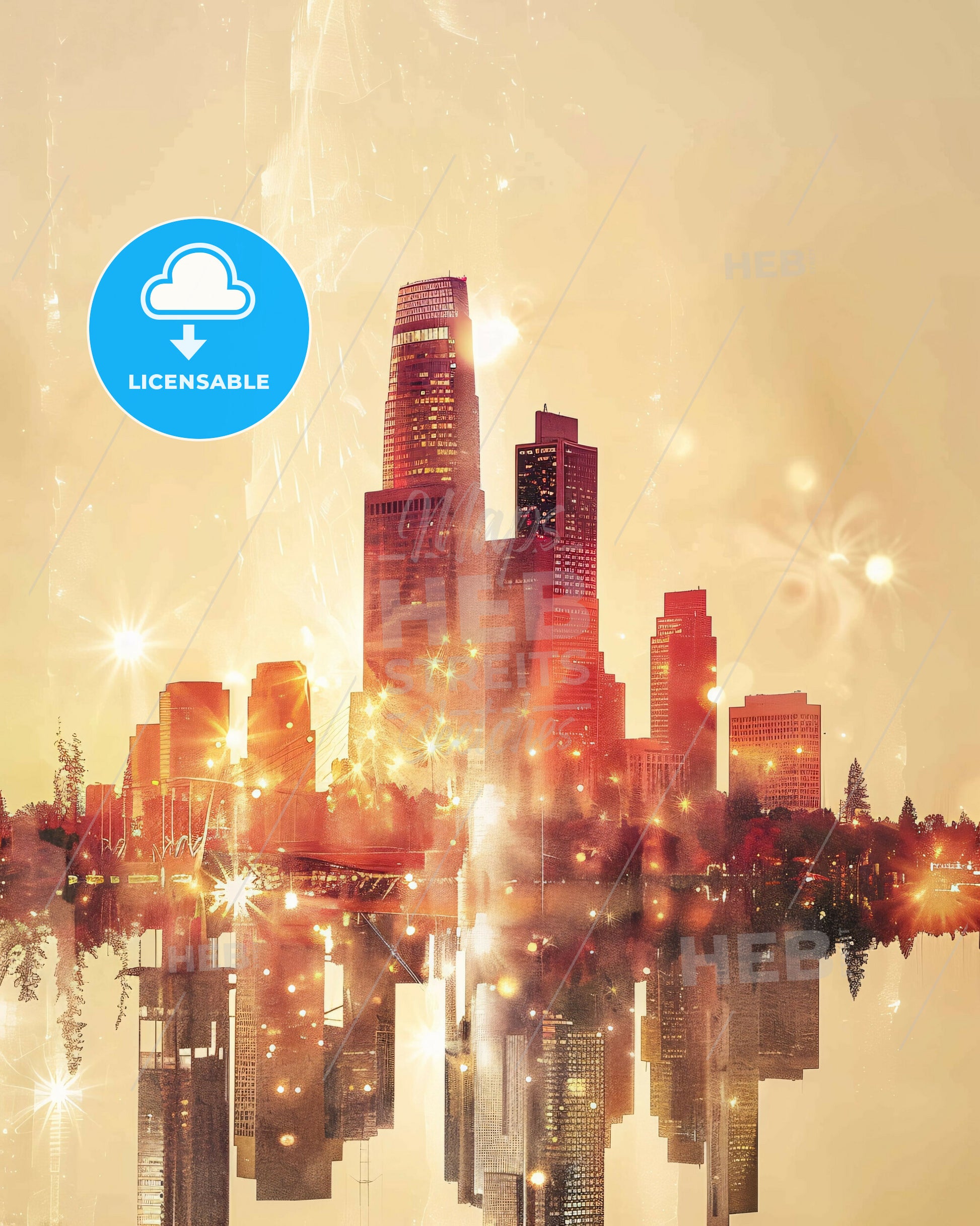 Sunnyvale Skyline Double Exposure City Art - A city skyline with lights reflecting on water