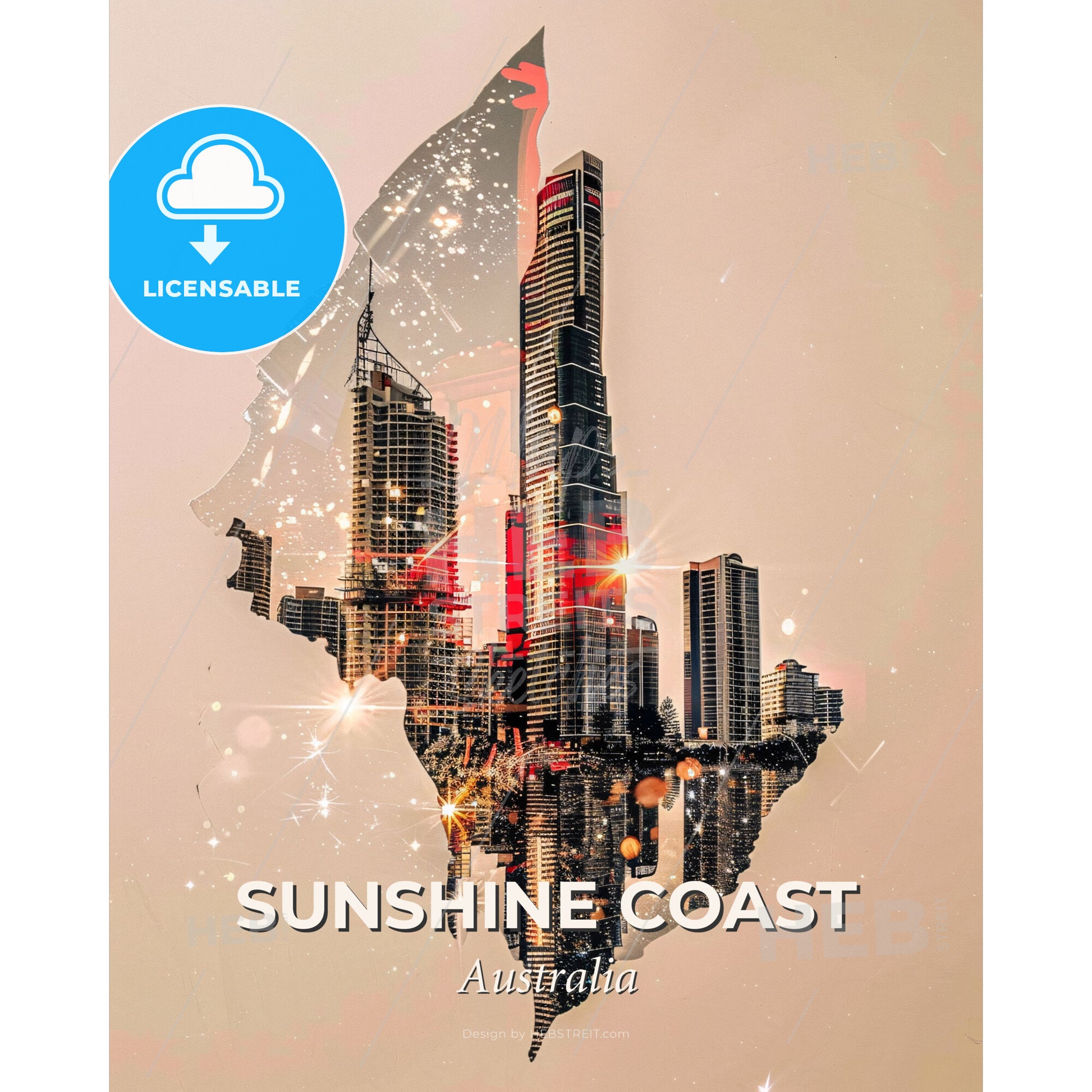 Sunshine Coast Double Exposure Poster - A city skyline with lights - Square format print template