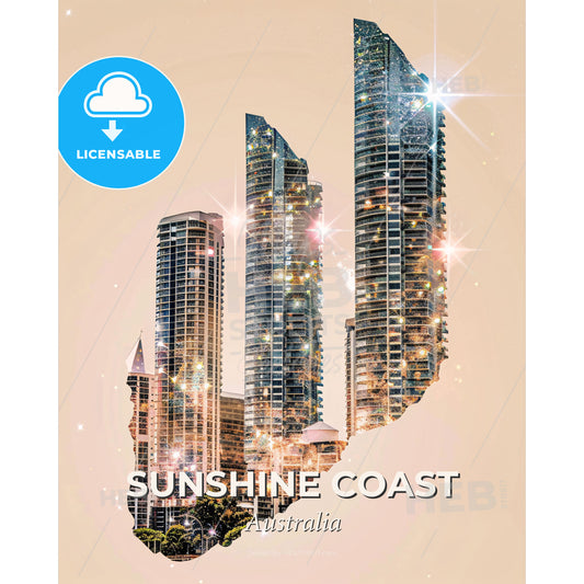 Sunshine Coast Skyline Double Exposure Composite Art - A city skyline with many tall buildings - Square format print template