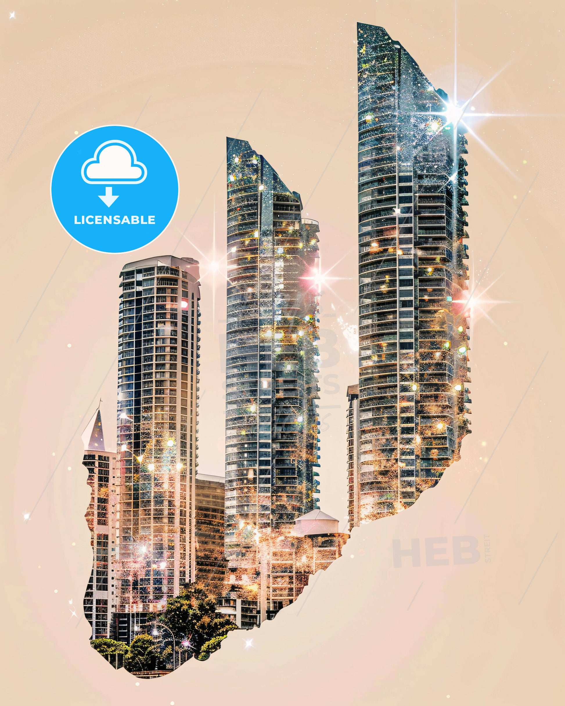 Sunshine Coast Skyline Double Exposure Composite Art - A city skyline with many tall buildings