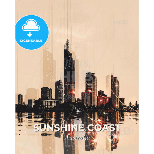 Sunshine Coast Composite Skyline Double Exposure Art - A city skyline with a body of water - Square format print template