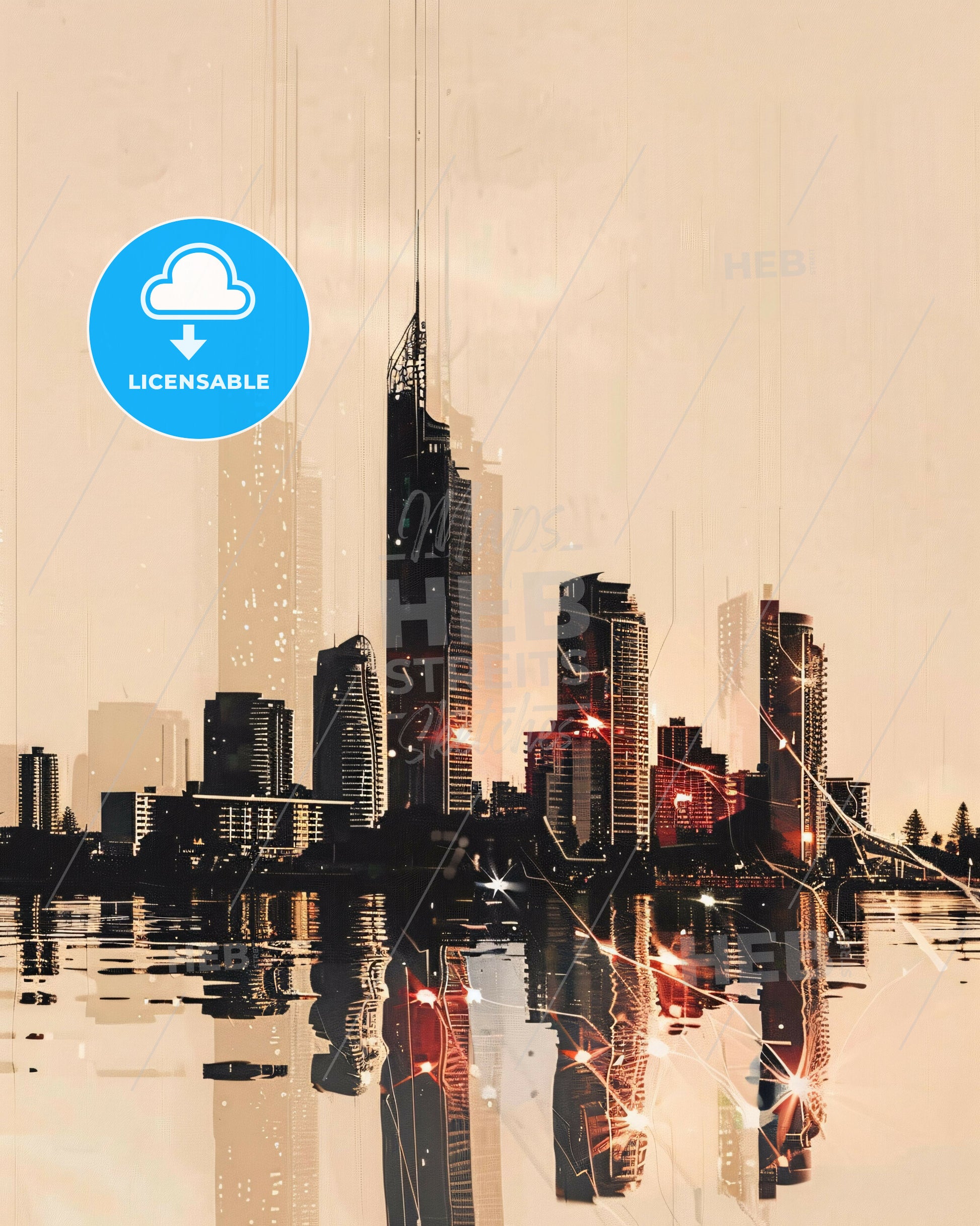 Sunshine Coast Composite Skyline Double Exposure Art - A city skyline with a body of water