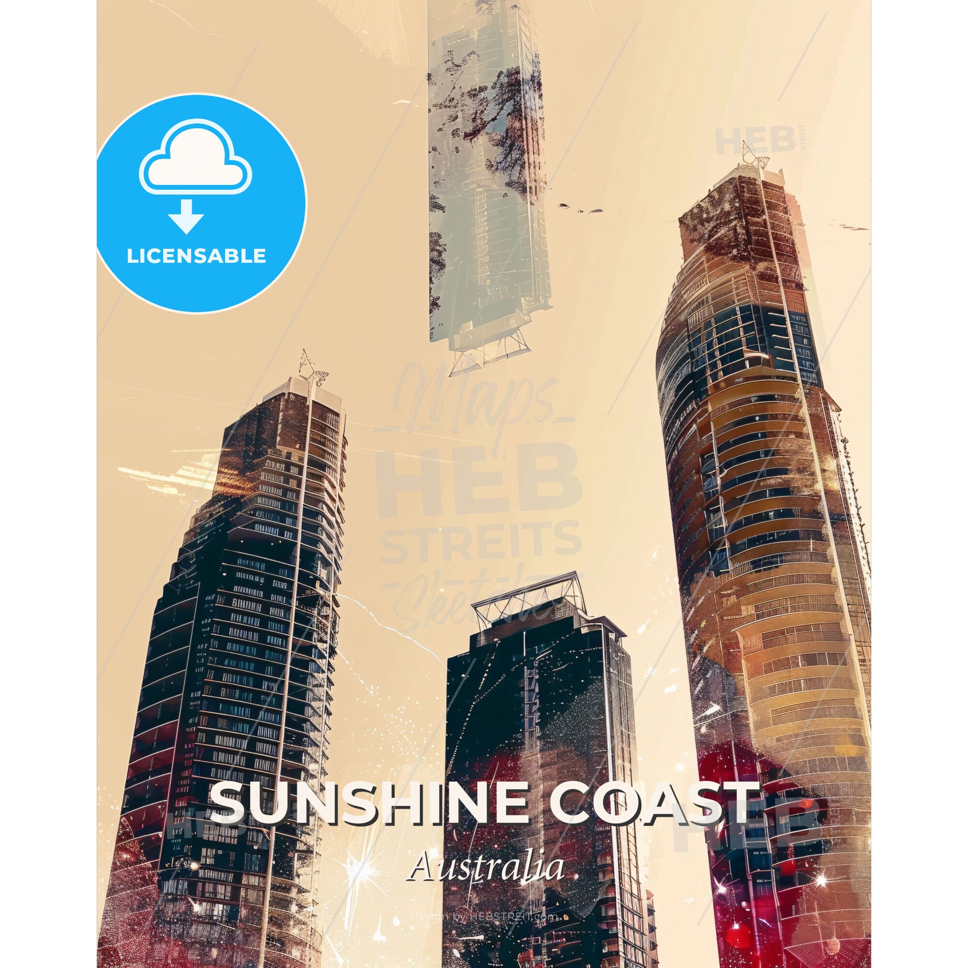 Sunshine Coast City Skyline Double Exposure - A group of tall buildings - Square format print template