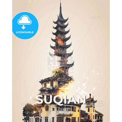 Suqian City Scape Double Exposure Art Skyline - A building with a tall tower - Square format print template